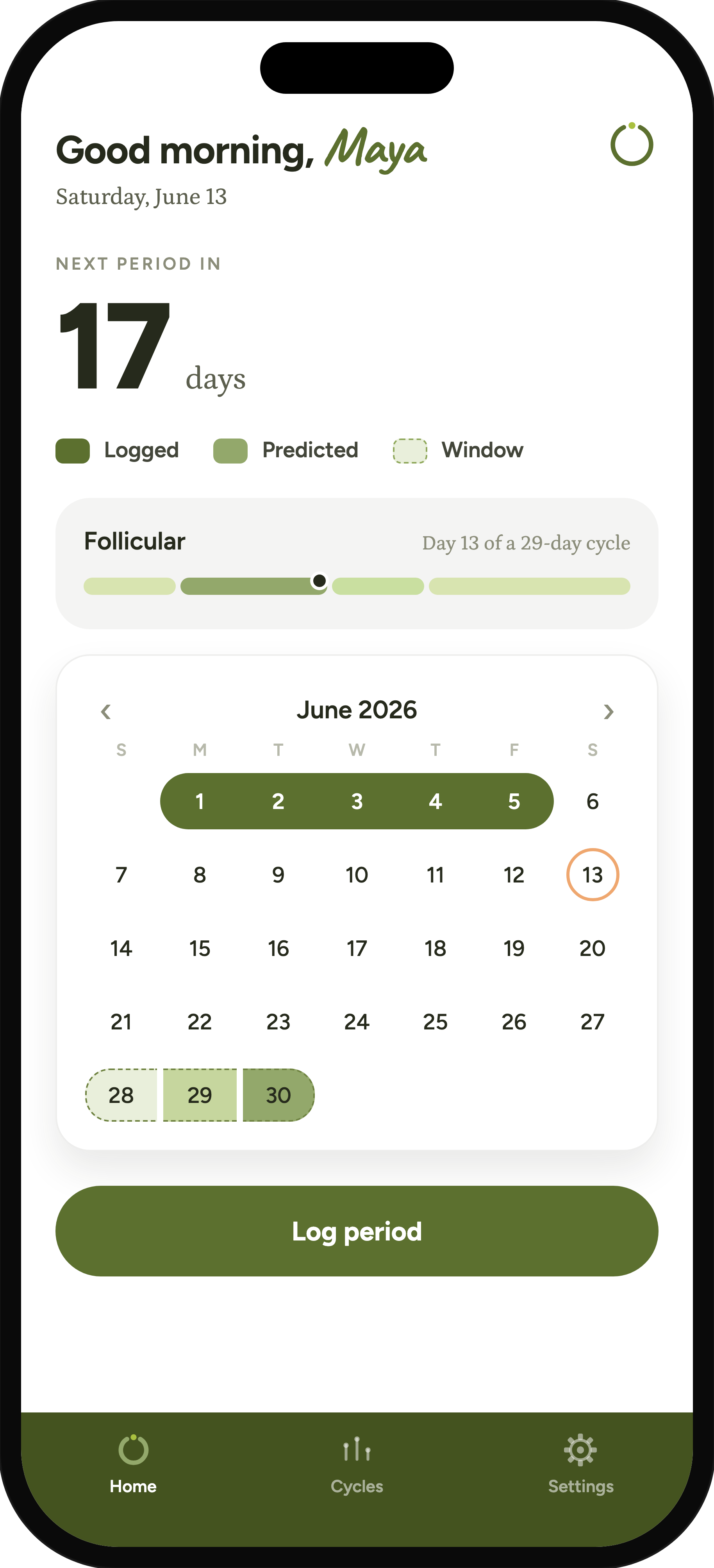 Peridot app home screen — next period countdown, cycle phase, and calendar